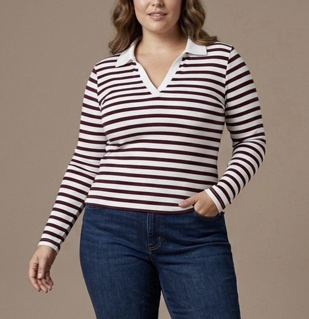 No Boundaries Women's Long Sleeve Ribbed Top - Size L (12-14) Striped V-Neck